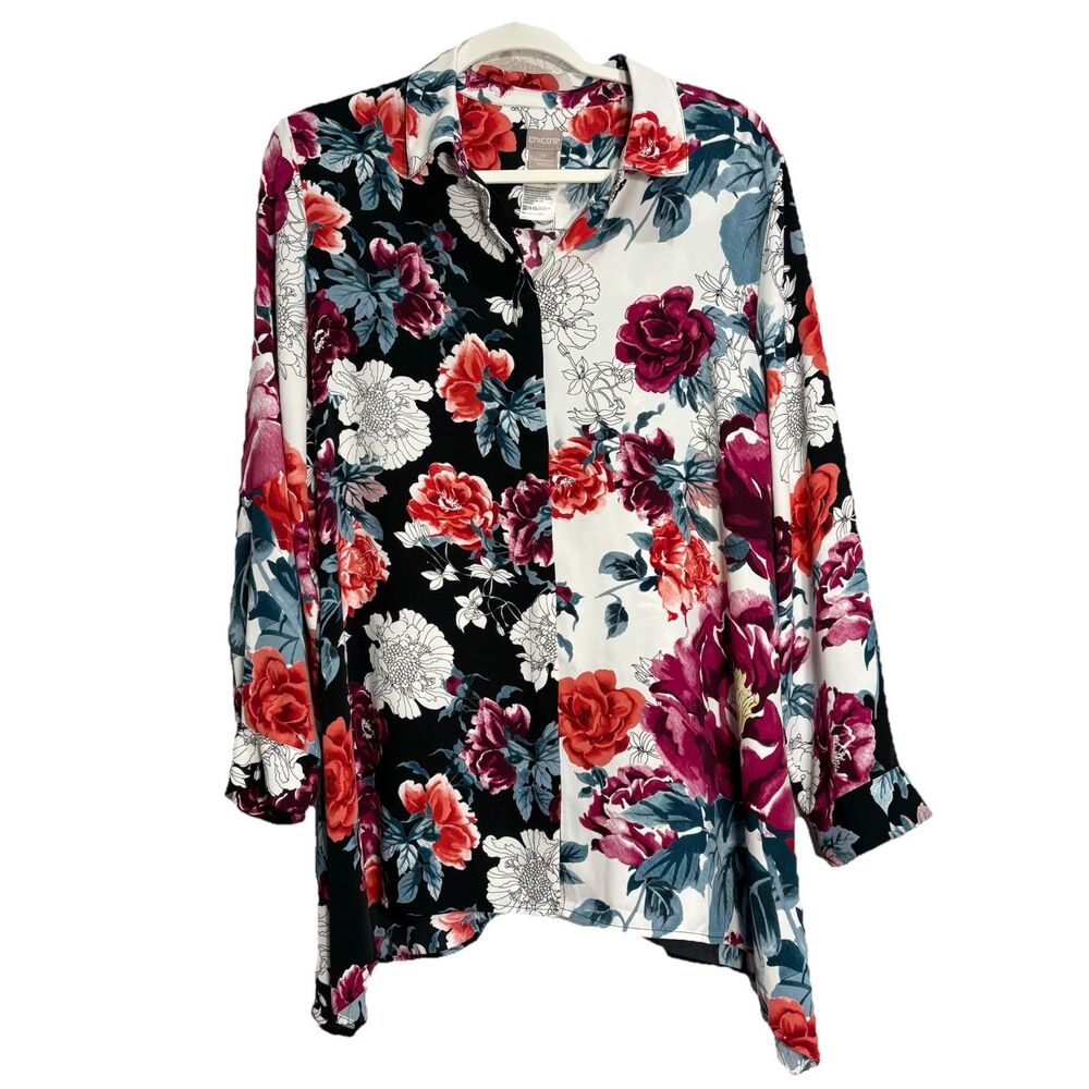 Chico’s Allover Floral Print Long Sleeve Sharkbite Hem Tunic Blouse 12 Petite